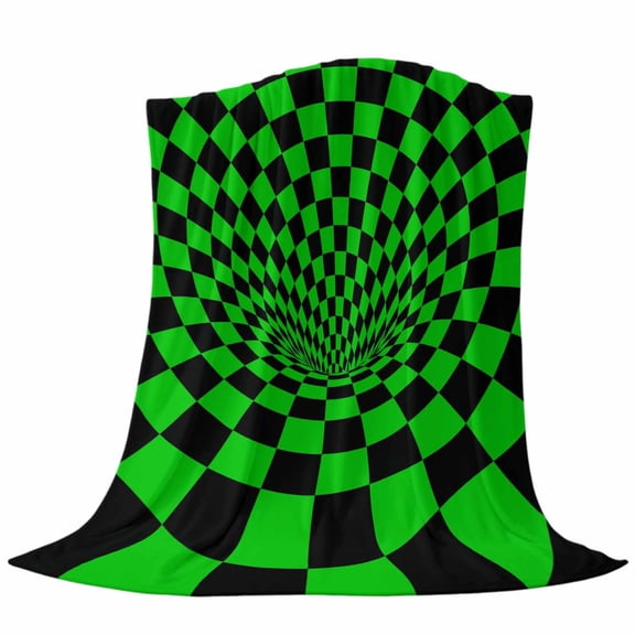 Green Checker Fleece Throw Blanket Modern Abstract Bright Green Tunnel Mosaic Cubes Ultra Soft Fuzzy Cozy Flannel Throw Blanket for Couch Sofa Bed Car Travel, Ideal Gifts 40x50 Inches
