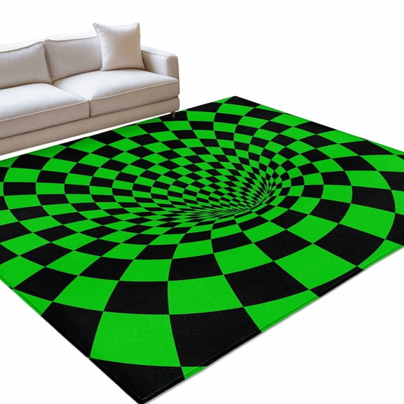 Green Checker Large Area Rugs 6x9ft Modern Abstract Bright Green Tunnel Mosaic Cubes Washable Rug, Non Slip Indoor Carpet Absorbent Floor Mat for Living Room Bedroom Dining Room