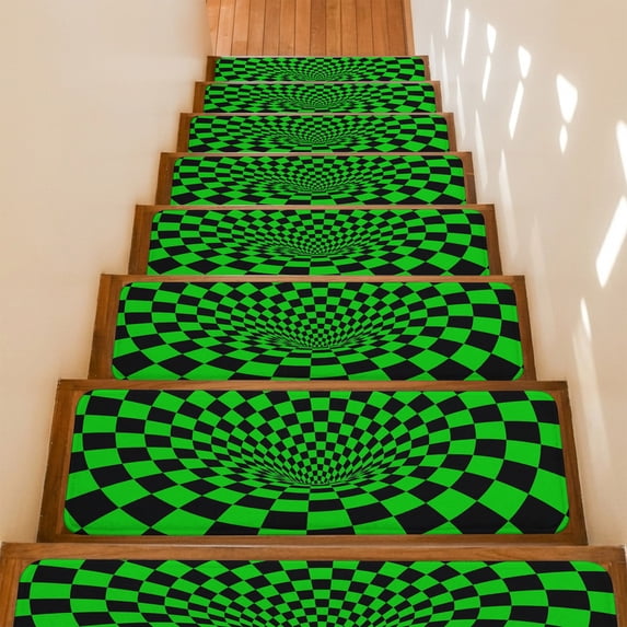 Green Checker Stair Treads Non Slip for Steps Modern Abstract Bright Green Tunnel Mosaic Cubes 4 Pcs Reusable Adhesive Stair Runner Mats for Dogs Elders Carpet Treads Rugs for Staircase 8x30 In