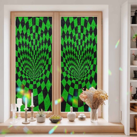 Green Checker Window Privacy Film Modern Abstract Bright Green Tunnel Mosaic Cubes Static Cling Stained Glass Window Film Non-Adhesive Decorative Decals Rainbow Sticker 23.6"X59"