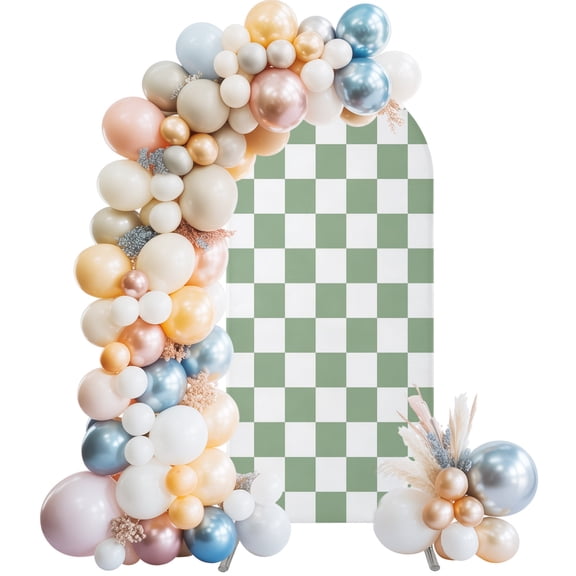 Green Checkerboard Pattern Wedding Arch Backdrop Cover 4FT ,Spandex Fitted Neutral Fabric Print Wedding Arch Covers Round Top Chiara Arches Backdrop Stand Cover for Birthday Party Ceremony Banquet
