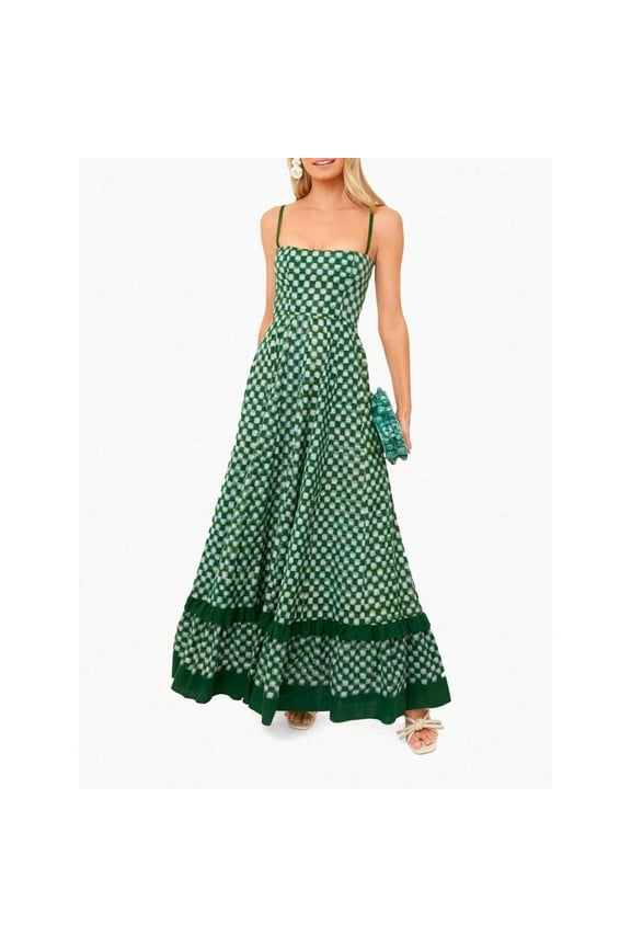 Green Checkerboard Print Sleeveless Spaghetti Strap Flowy Maxi Dress With Ruffle Hem