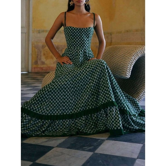 Green Checkerboard Print Spaghetti Strap Maxi Dress With Ruffle Hem