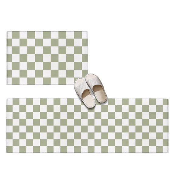 Green Checkered 2 Pieces Non-Slip Kitchen Mat Set, Country Farmhouse Minimalist Geometric Plaid Gingham Soft Door Mat with Rubber Backing, Dirtproof Rugs for Entrance Doorway, 19.7x31.5in+19.7x47.2in
