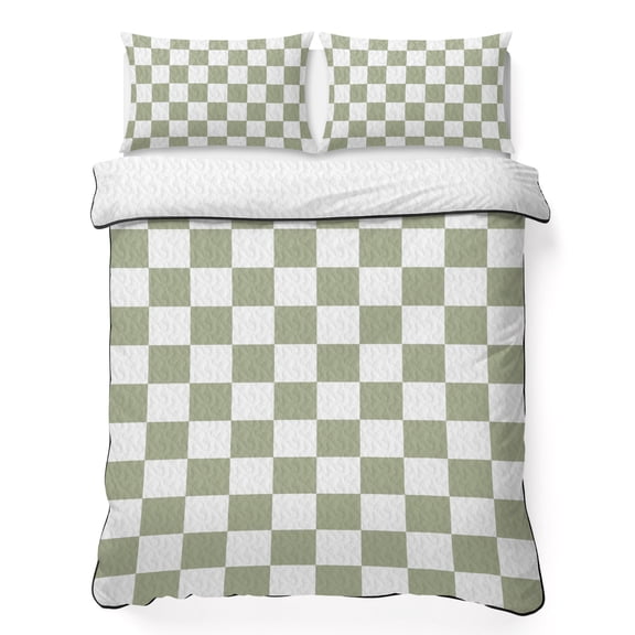 Green Checkered 3 Piece Quilt Bedding Set with 2 Pillow Shams, Country Farmhouse Minimalist Geometric Plaid Gingham Lightweight Bedspread Coverlet, Soft Breathable All Season Quilt, 79 x 90 Inch