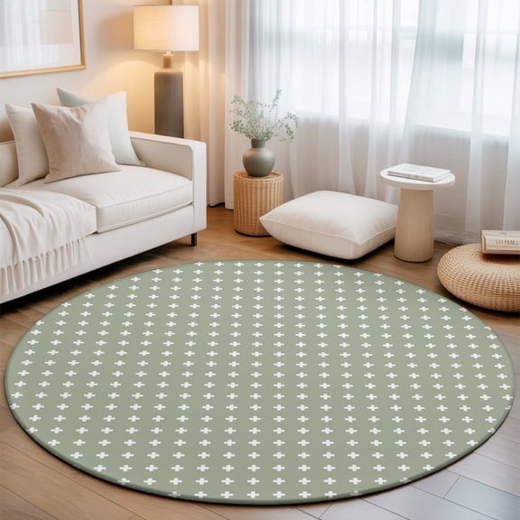 Green Checkered 8' Round Rugs for Open Concept Living Room Seating Zone, Country Abstract Geometric Diagonal Plaid Washable Non Slip Mats Large Circle Lounge Area Area Rug