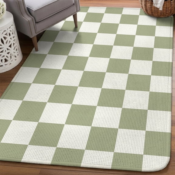 Green Checkered Area Rugs for Living Room 5x7, Country Farmhouse Minimalist Geometric Plaid Gingham Washable Area Rug Non Slip, Stain Resist Linen Carpet for Bedroom, Dining Room, Entryway, Entrance