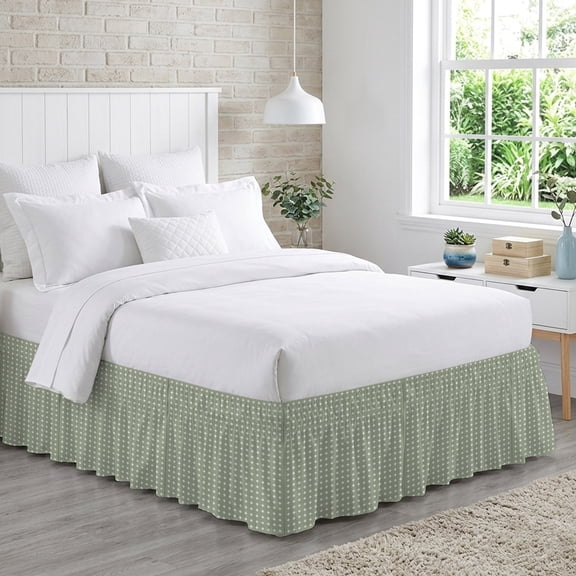 Green Checkered Bed Skirt California King Size 16 Inch Drop, Country Abstract Geometric Diagonal Plaid Adjustable Elastic Dust Ruffles Bedskirt Wrap Around Pleated Mattress Frame Cover