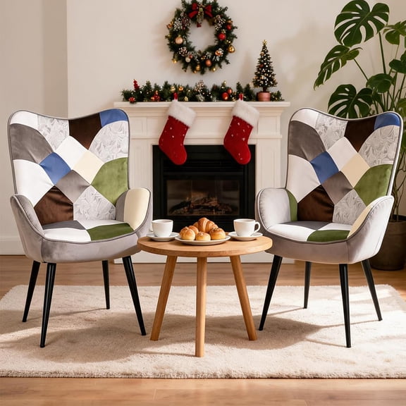 Green Checkered Boho Accent Chair, High Wingback, Linen Upholstery & Wood Frame
