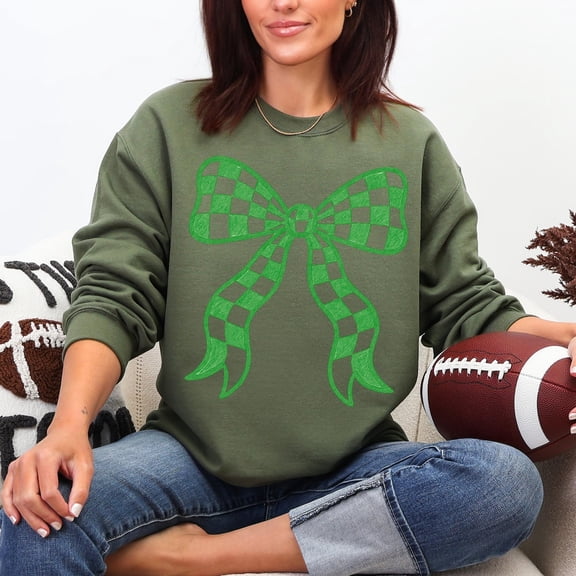 Green Checkered Bow, Green Game Day Shirt Design, Checkered School Mascot, Coquette Bow Game Day Shirt Design, Baseball Football All Size S-5Xl