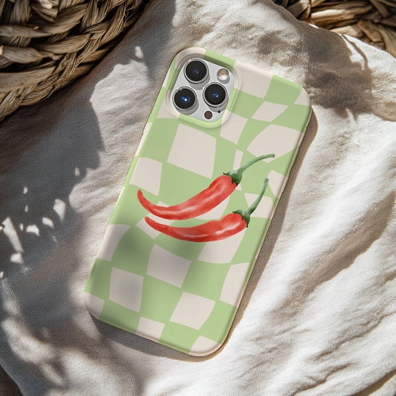 Green Checkered Chili Pepper Tough Phone Case for iPhone 11 12 13 14 15 16 17 Series – Dual-Layer Protective Cover