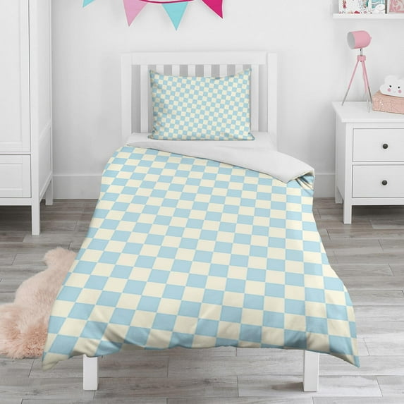 Green Checkered Duvet Cover and Pillowcase Set for Single Bedding, Bedroom Accessories for Kids Teens