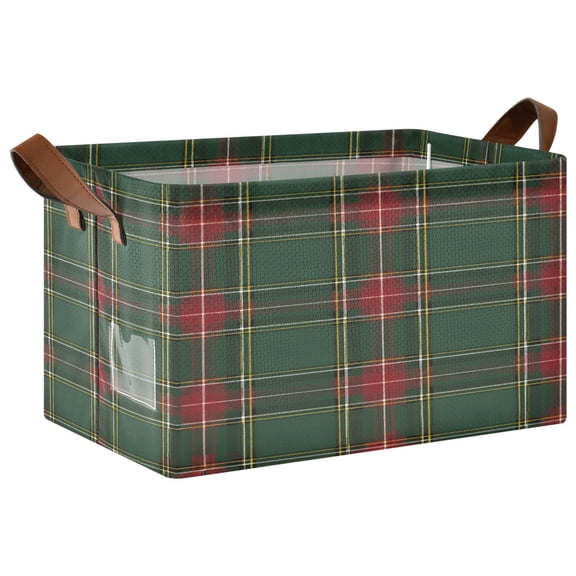Green Checkered Foldable Storage Large Fabric Storage Baskets Organizer Storage Bins with Handles for Shelves