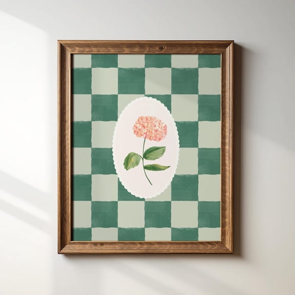 Green Checkered Hydrangea Vintage Cottage Decor Wall Art