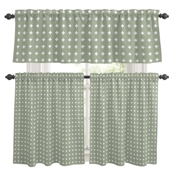 Green Checkered Kitchen Curtains Valances 3 Piece Set, Country Abstract Geometric Diagonal Plaid Rod Pocket Tier Curtain and Valance Drapes for Small Window 36 Inch Length for Bedroom Cafe