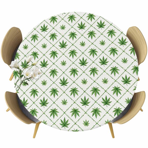 Green Checkered Leaves Round Tablecloth 36-44 Inch Round Fitted Table Cloth with Elastic Edge, Farmhouse Tropical Botanical Waterproof Table Cover Protector for Outdoor Picnic Party Dining