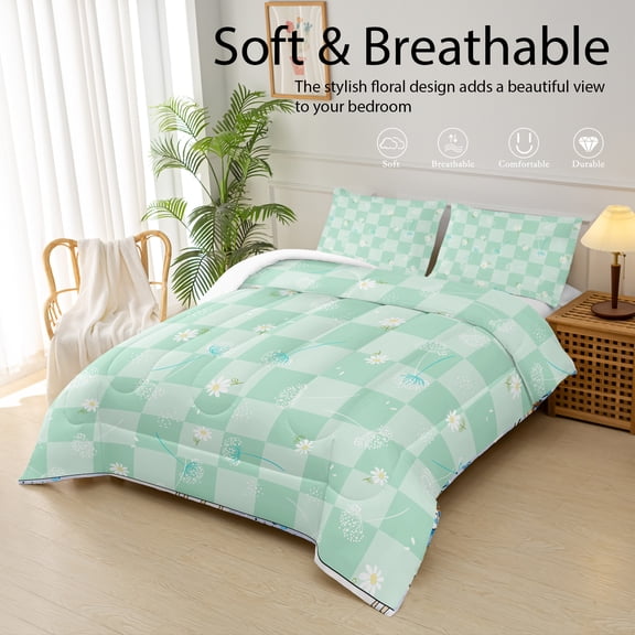 Green Checkered Pattern Comforter Set King Size,Cartoon Flowers Bedding Duvet 3-Piece Set (1 Comforter + 2 Pillowcases), All-Season Duvet, Soft, Comfortable, Breathable Printed Bedding