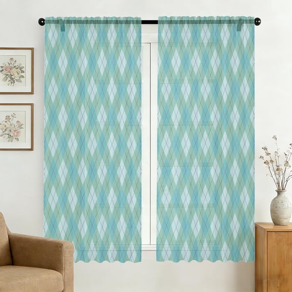 Green Checkered Pattern Sheer Curtains, Rod Pocket Sheer Drapes with ...