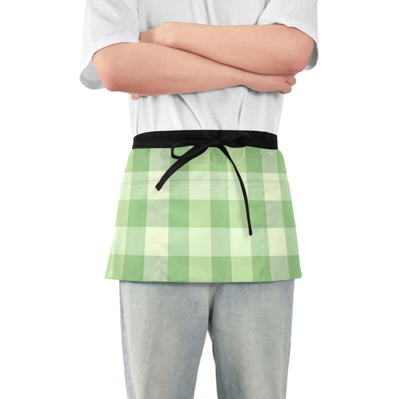 Green Checkered Pattern Short Server Apron with 3 Pockets for Unisex Chef Gardening