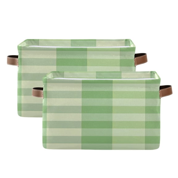 Green Checkered Pattern Square Storage Bins with Handles Collapsible Containing Box 2 Packs