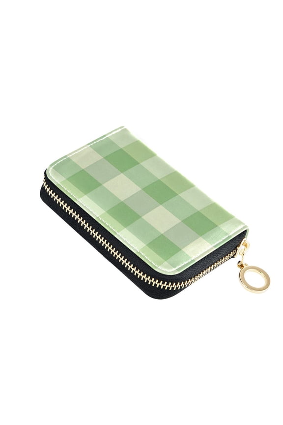 Green Checkered Pattern Women's Credit Card Holder PU Leather Zipper Wallet RFID Blocking