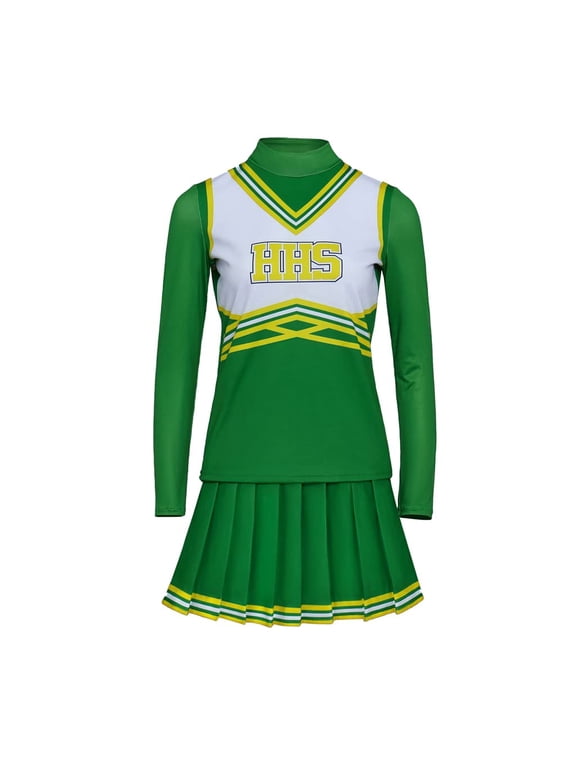 Green Cheerleading Uniform Set - Long Sleeve Mock Neck Top with HHS Lettering & Pleated Mini Skirt for Performances & Themed Events