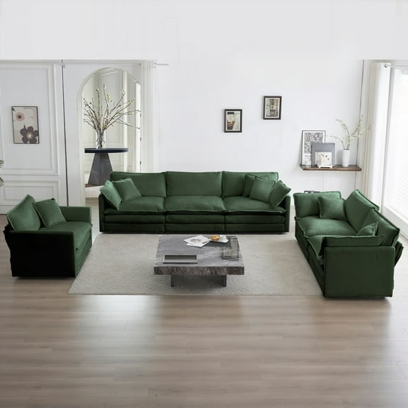 Green Chenille 3 Seat Sofa with Loveseat and Single Sofa - Extra Deep Sectional for Living Room