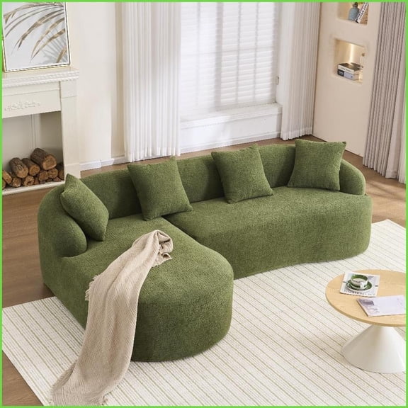 Green Chenille L-Shape Sectional Sofa with Curved Chaise  Modern Modular Couch for Apartment Living Room, High-Density Foam