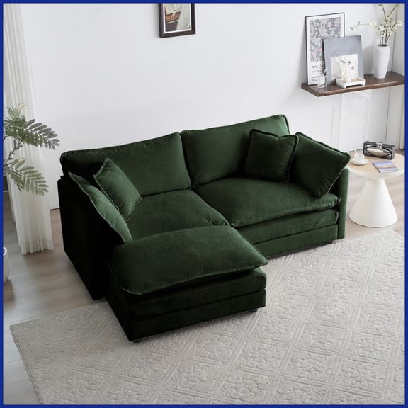 Green Chenille L-Shaped 2-Seater Sectional Sofa with Ottoman - Modern Compact Design for Small Living Spaces, Sturdy Solid Wood Frame