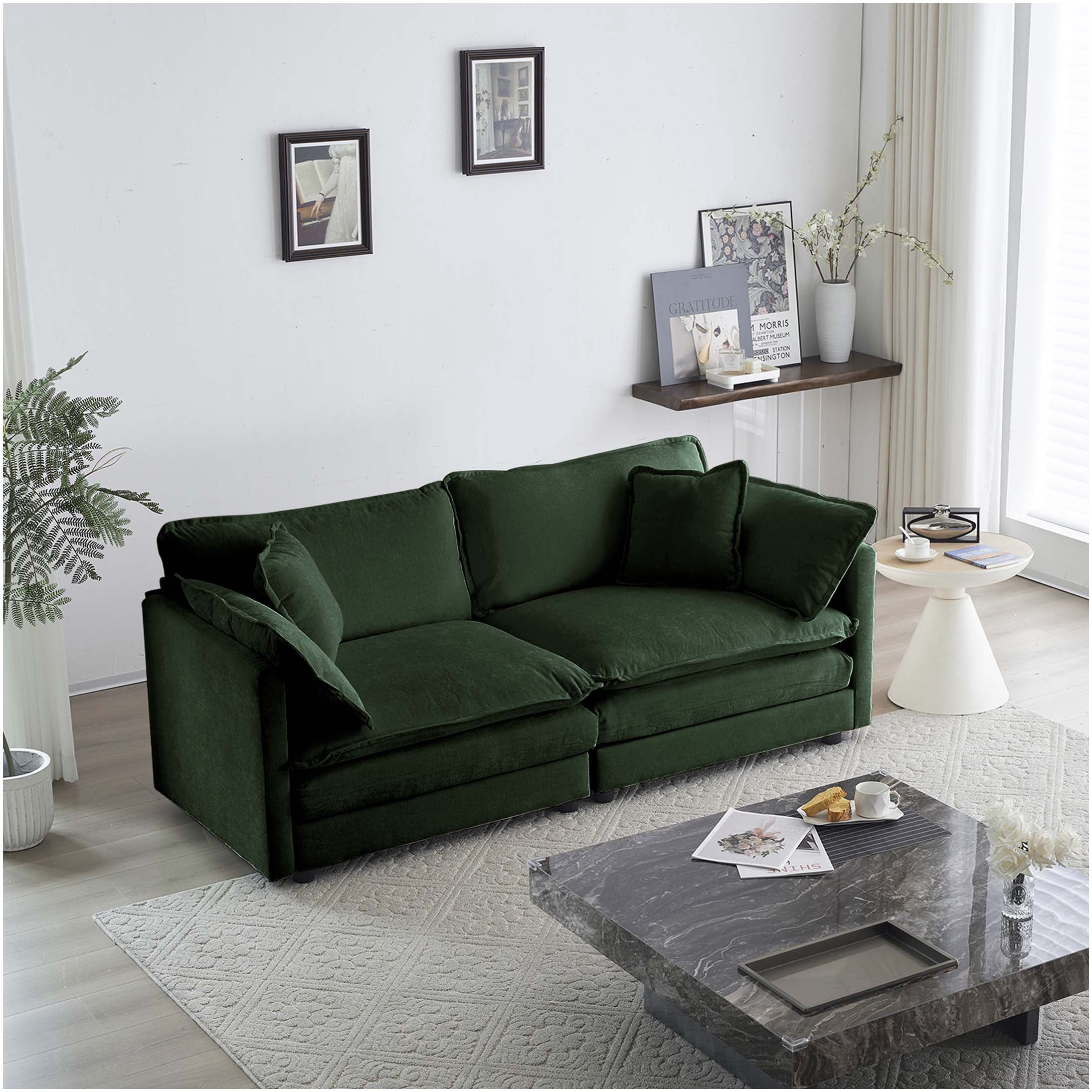 View of Living Room Before and After with a Dreamy Green Paint Color ...