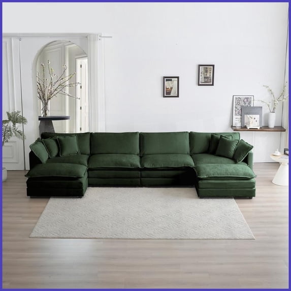 Modern Green Chenille U-Shape Modular Sectional Sofa with Reversible Chaise & Double Ottomans, Solid Wood Frame for Living Room