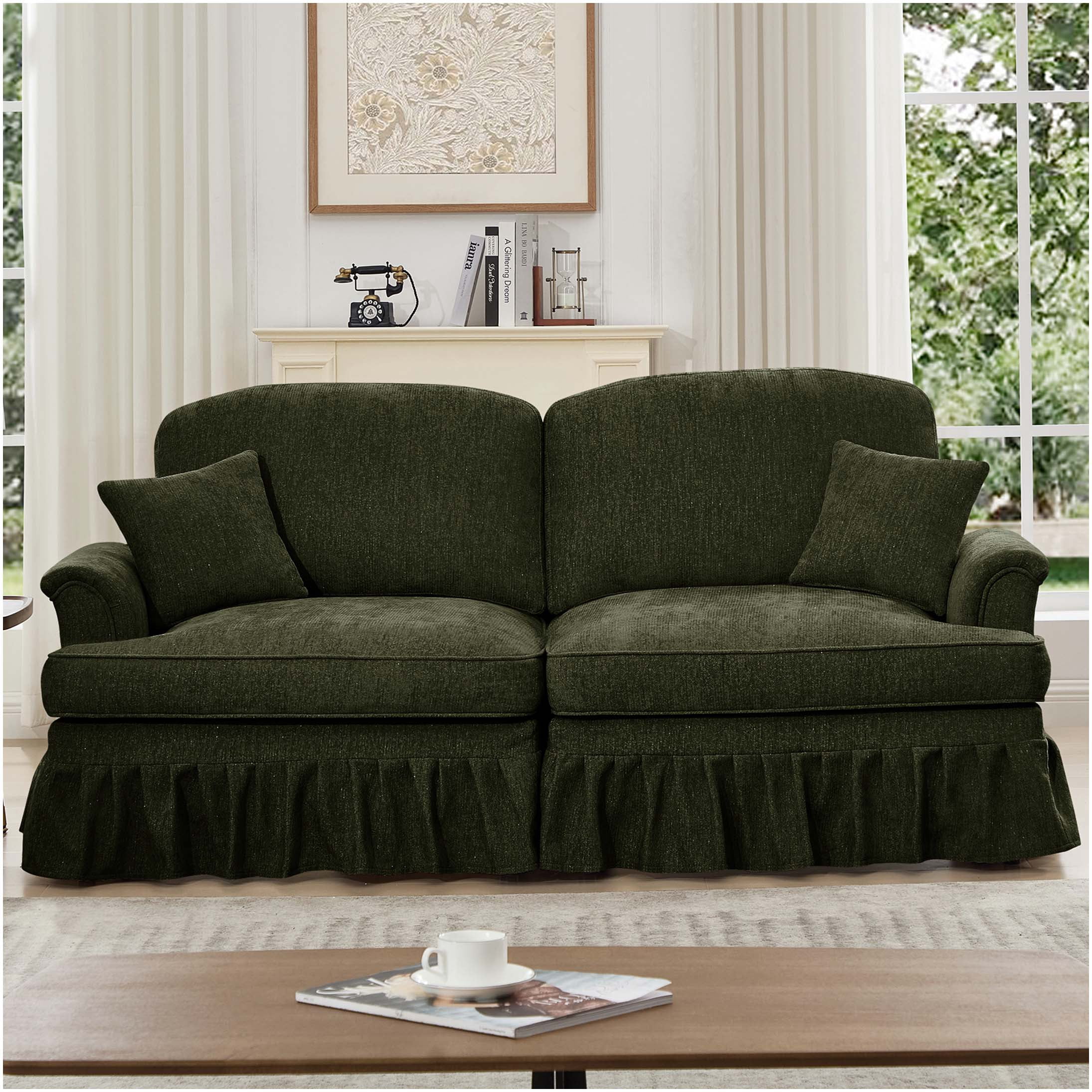 Sofa Inflable Ruffles Green Chenille Two-Seater Sofa with Removable Ruffles, Mid-Century ...