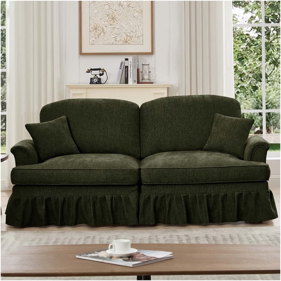 Green Chenille Two-Seater Sofa with Removable Ruffles, Mid-Century Flared Arms and Spindle Legs for Living Room