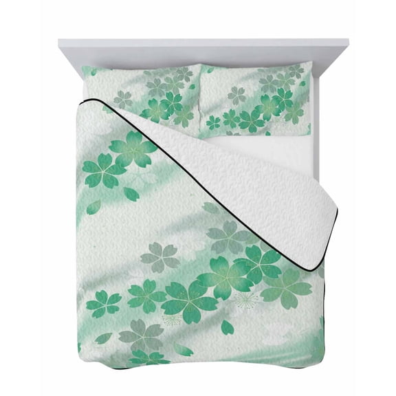Green Cherry Blossoms 3 Piece Quilt Set Full Size, Art Petals Mint Green Floral Soft Bedspread Coverlet Bedding Set Microfiber Lightweight Comforter Set with 2 Pillowcases for Bedroom