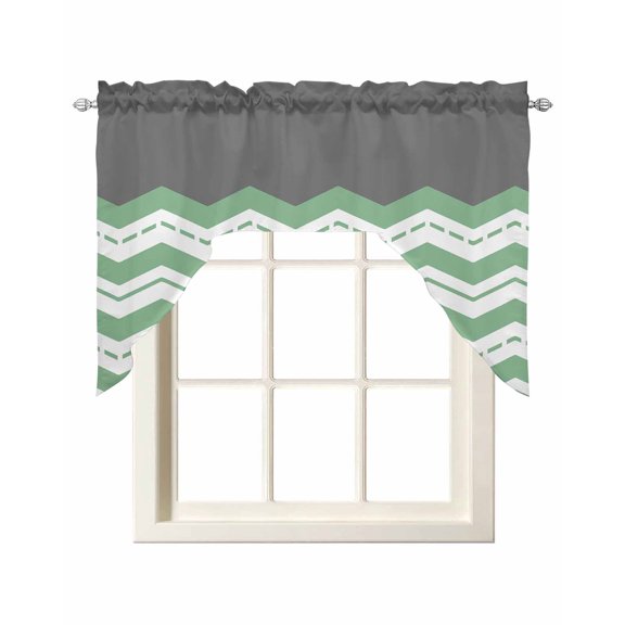 Green Chevron Kitchen Swag Valances for Windows, Geometric Grey Print Wavy Striped White Swag Valances Curtains for Living Room, Rod Pocket Window Treatments for Bathroom, Bedroom, Cafe, 56"x36"