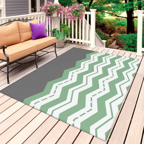 Green Chevron Outdoor Rug 4x6 Ft, Non Slip Washable Area Rug, Geometric Grey Print Wavy Striped White Patio Rugs Carpet Runner, Large Floor Mat for Indoor/Outdoor Deck Porch Camping