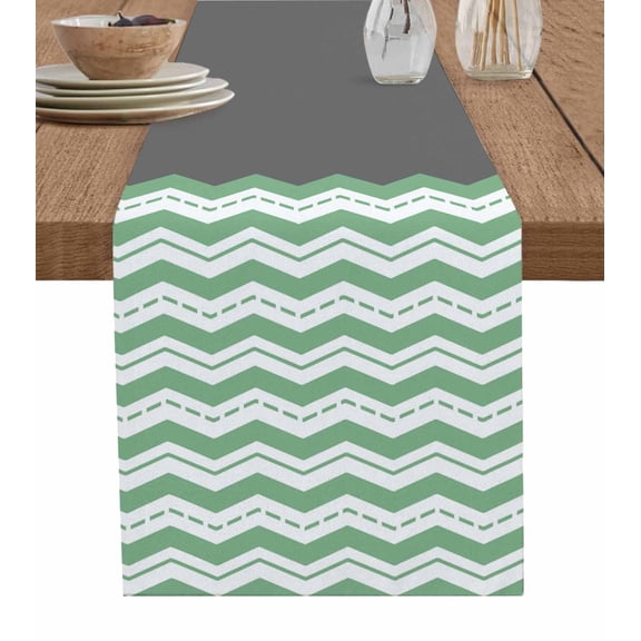 Green Chevron Table Runner Cotton Linen 90 Inch Holiday Dresser Scarves, Geometric Grey Print Wavy Striped White Tablerunner for Kitchen Coffee Dining Bedroom Dinner Scarf Décor 13''x90''