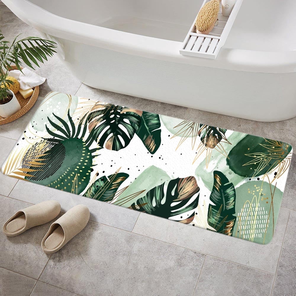 Green Chic Abstract Bath Mat for Bathroom, Boho Green Gold Leaves Tropical Watercolor Minimalist Modern Floor Rugs Mats Non Slip Bathroom Decor Accessories 16X48 Inches Kitchen Bedroom Indoor