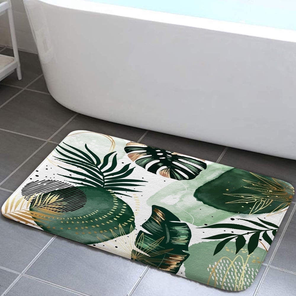 Green Chic Abstract Bath Mat for Bathroom, Boho Green Gold Leaves ...