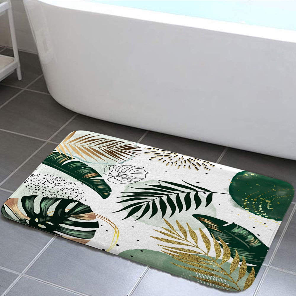 Green Chic Abstract Bathroom Rug Flannel Bath Mat, Boho Green Gold ...