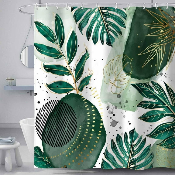 Green Chic Abstract Shower Curtain, Boho Bohemian Green Leaves Tropical Watercolor Simple Minimalist Fancy Modern Bath Curtains, Washable Durable Fabric Bathroom Decor Sets with Hooks 72 x 72 inches