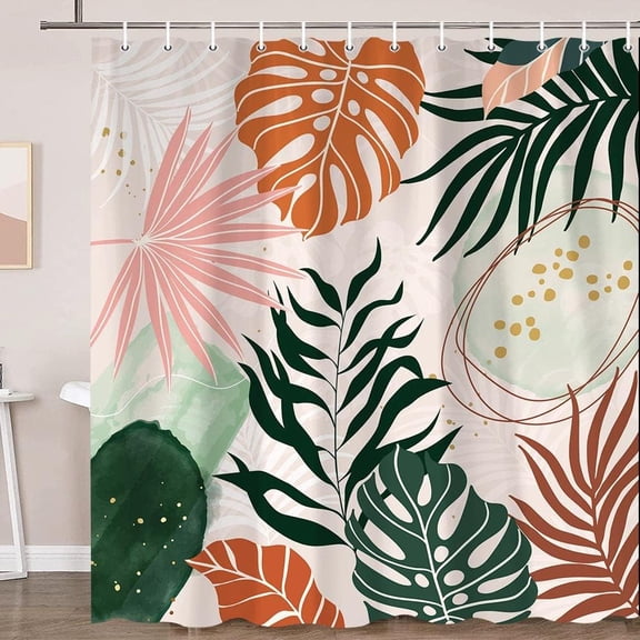 Green Chic Abstract Shower Curtain Set with Hooks Boho Green Gold Leaves Tropical Watercolor Simple Minimalist Fancy Modern Bathroom Bathtubs Art Decor Washable Durable Fabric, 36x72 inch