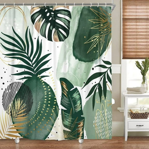 Green Chic Abstract Shower Curtain Set with Hooks Boho Green Gold Leaves Tropical Watercolor Simple Minimalist Fancy Modern Bathroom Bathtubs Art Decor Washable Durable Fabric, 48x70 inch