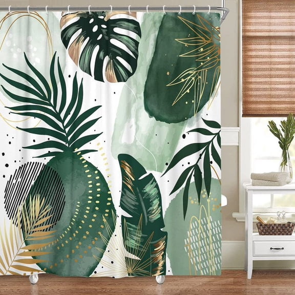 Green Chic Abstract Shower Curtain Set with Hooks Boho Green Gold Leaves Tropical Watercolor Simple Minimalist Fancy Modern Bathroom Bathtubs Art Decor Washable Durable Fabric, 36x72 inch