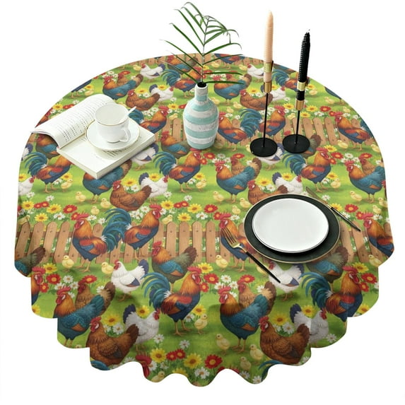 Green Chicken Farm Pattern Round Tablecloth 60"x60",Wrinkle Wipeable Table Cloth for Kitchen Dining Room Picnic Patio Party