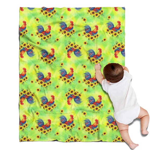 Green Chicken Rooster Sunflower Pattern Blanket,Comfortable Soft Flannel Throw Blanket,All Season,Warm Lightweight Blankets for Sofa Bed Couch Living Room Chair,30"x40"