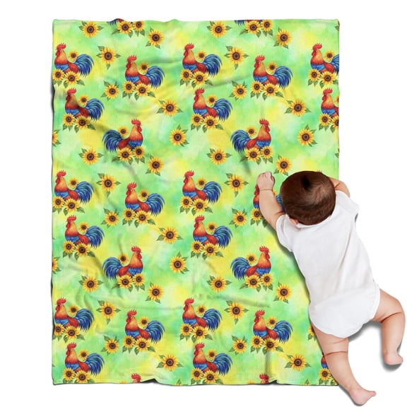 Green Chicken Rooster Sunflower Pattern Blanket,Comfortable Soft Flannel Throw Blanket,All Season,Warm Lightweight Blankets for Sofa Bed Couch Living Room Chair,30"x40"