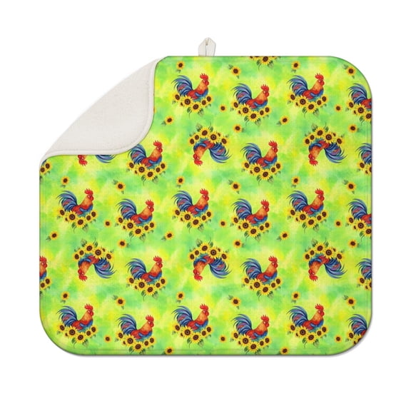 Green Chicken Rooster Sunflower Pattern Dish Drying Mat for Kitchen 1 Pack, Ultra Absorbent Microfiber Dishes Drainer Mats,16"x18"
