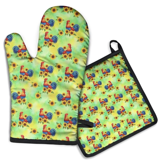 Green Chicken Rooster Sunflower Pattern Kitchen Oven Mitt and Pot Holder Sets 2 Pcs for Baking, Cooking and Grilling, Heat Resistant Up To 392 °F