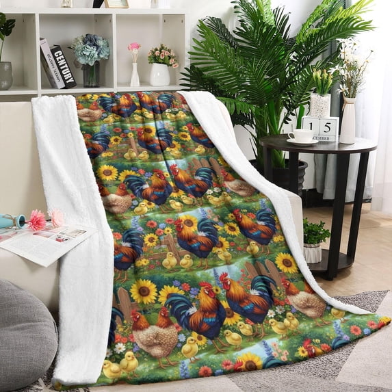 Green Chicken Sunflower Pattern Blanket,Comfortable Soft Lamb Wool Throw Blanket,All Season,Warm Lightweight Blankets for Sofa Bed Couch Living Room Chair,40"x50"